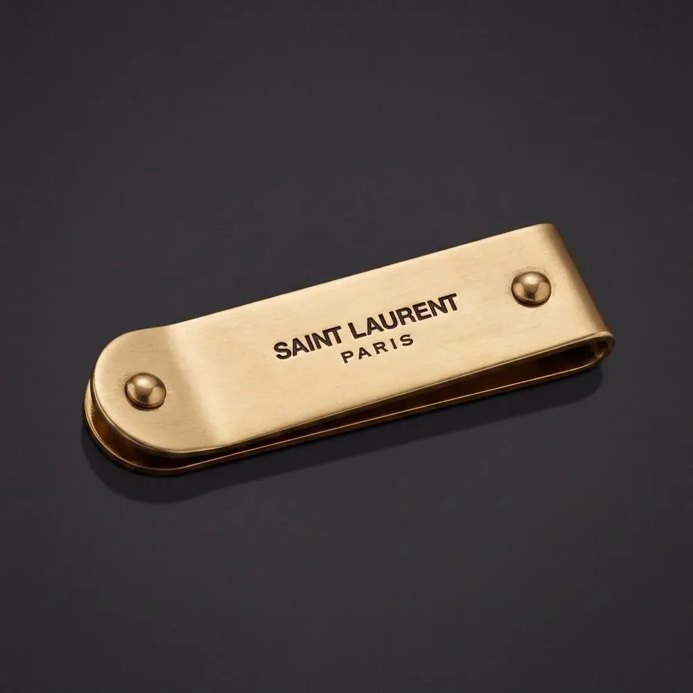 Saint Laurent Paris Logo Gold Tone Metal Money Clip YSL Designer Preowned